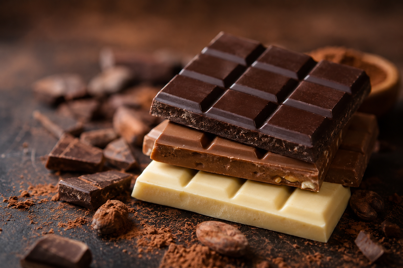 Chocolate sem açúcar: escolha saudável ou ilusão? Tabletes de chocolate preto, de leite e branco sobre fundo escuro, ilustrando o tema chocolate sem açúcar
