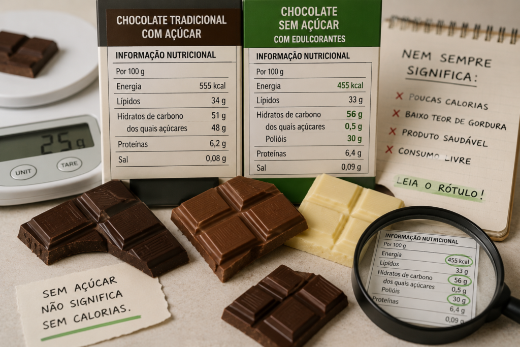 Chocolate sem açúcar: escolha saudável ou ilusão? Comparação entre chocolate tradicional e chocolate sem açúcar com informação nutricional em destaque