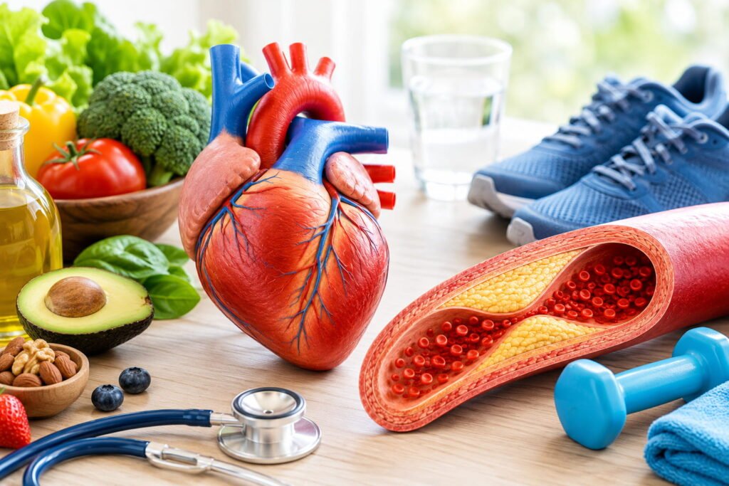 Ilustração médica sobre colesterol alto mostrando coração anatómico, artéria com placas de gordura e hábitos saudáveis para proteção cardiovascular.