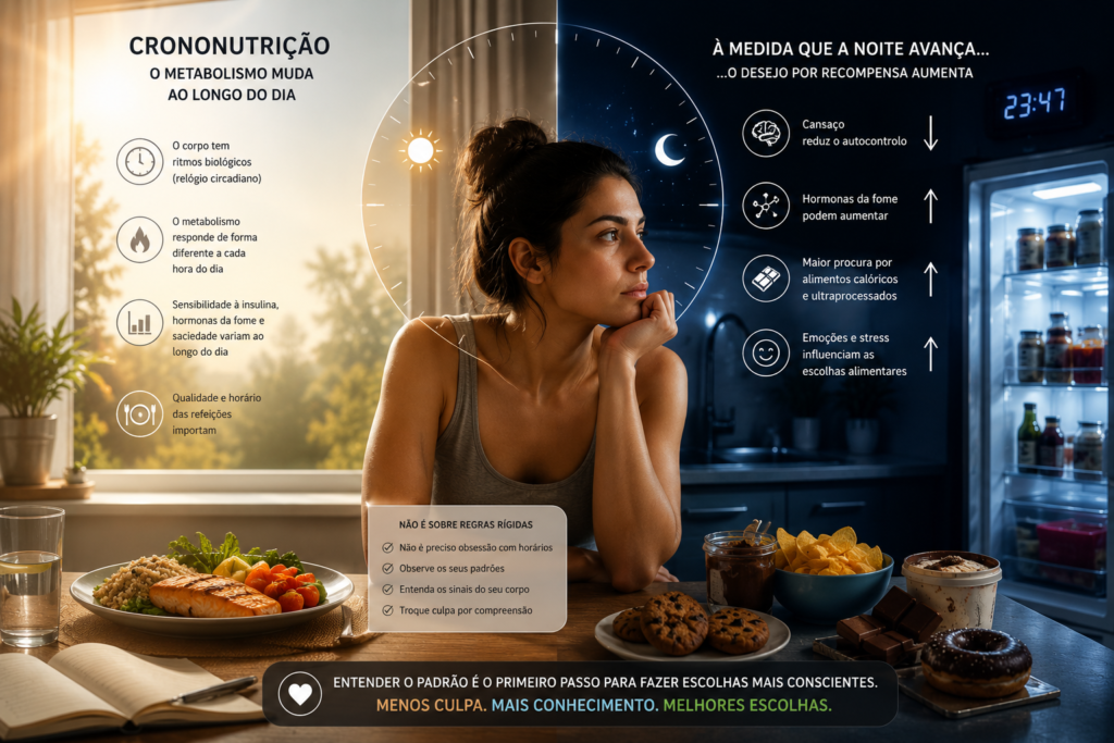 Comer à noite: o que acontece ao cérebro e metabolismo Ilustração sobre comer à noite e metabolismo mostrando alterações do cérebro, fome e desejo alimentar ao longo do dia