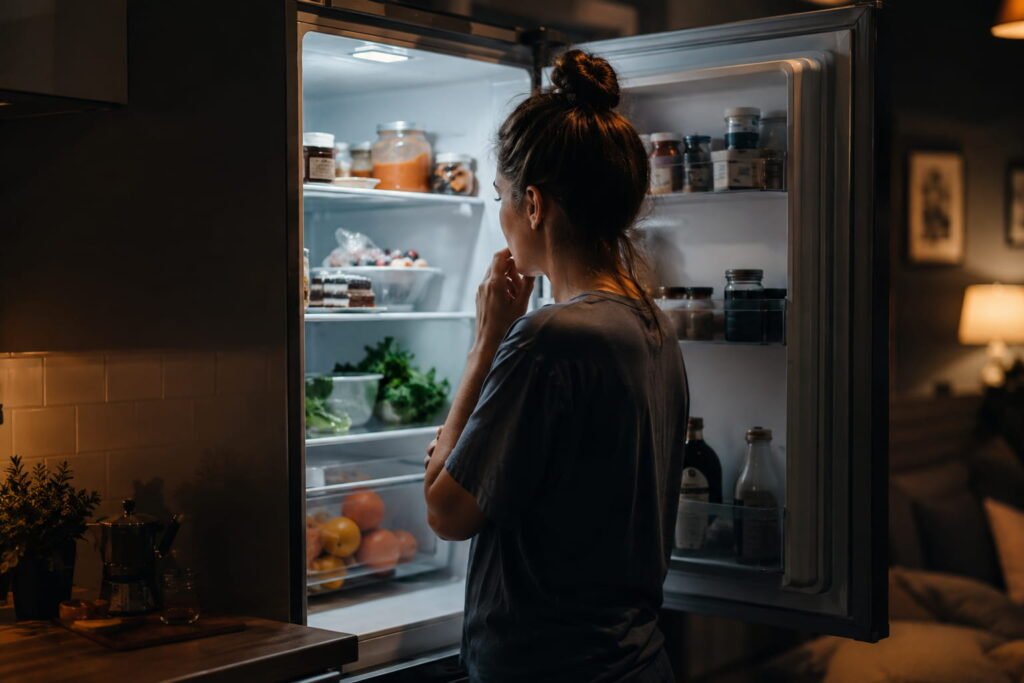 Mulher em frente ao frigorífico durante a noite, representando o impacto de comer à noite no cérebro e metabolismo