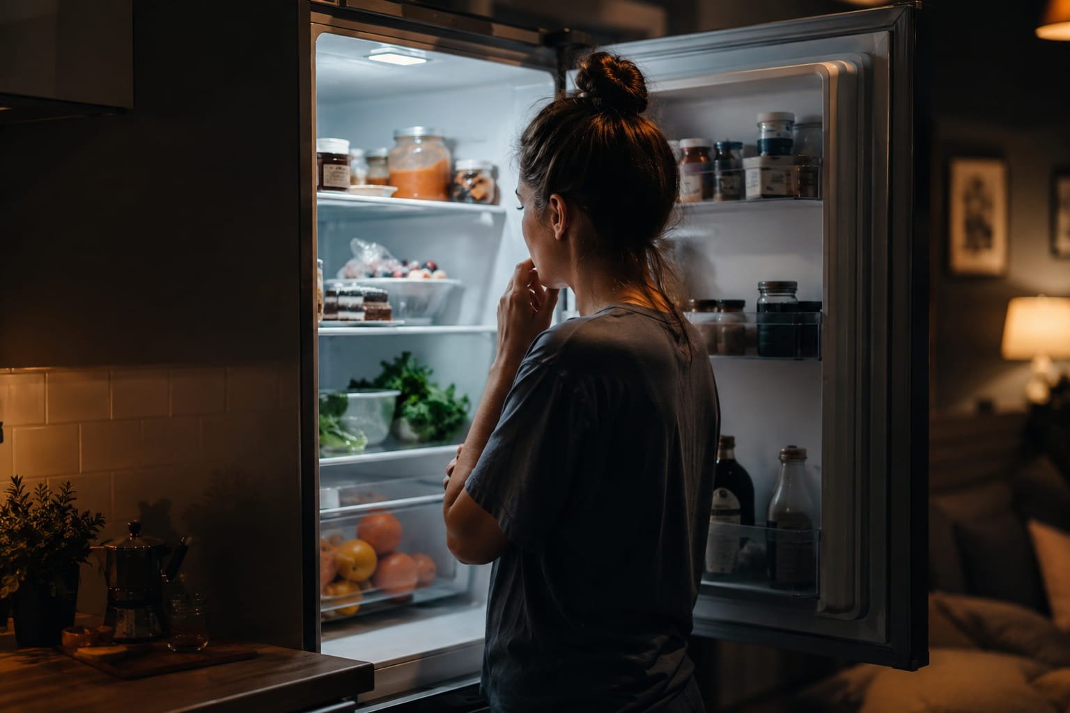 Comer à noite: o que acontece ao cérebro e metabolismo Mulher em frente ao frigorífico durante a noite, representando o impacto de comer à noite no cérebro e metabolismo