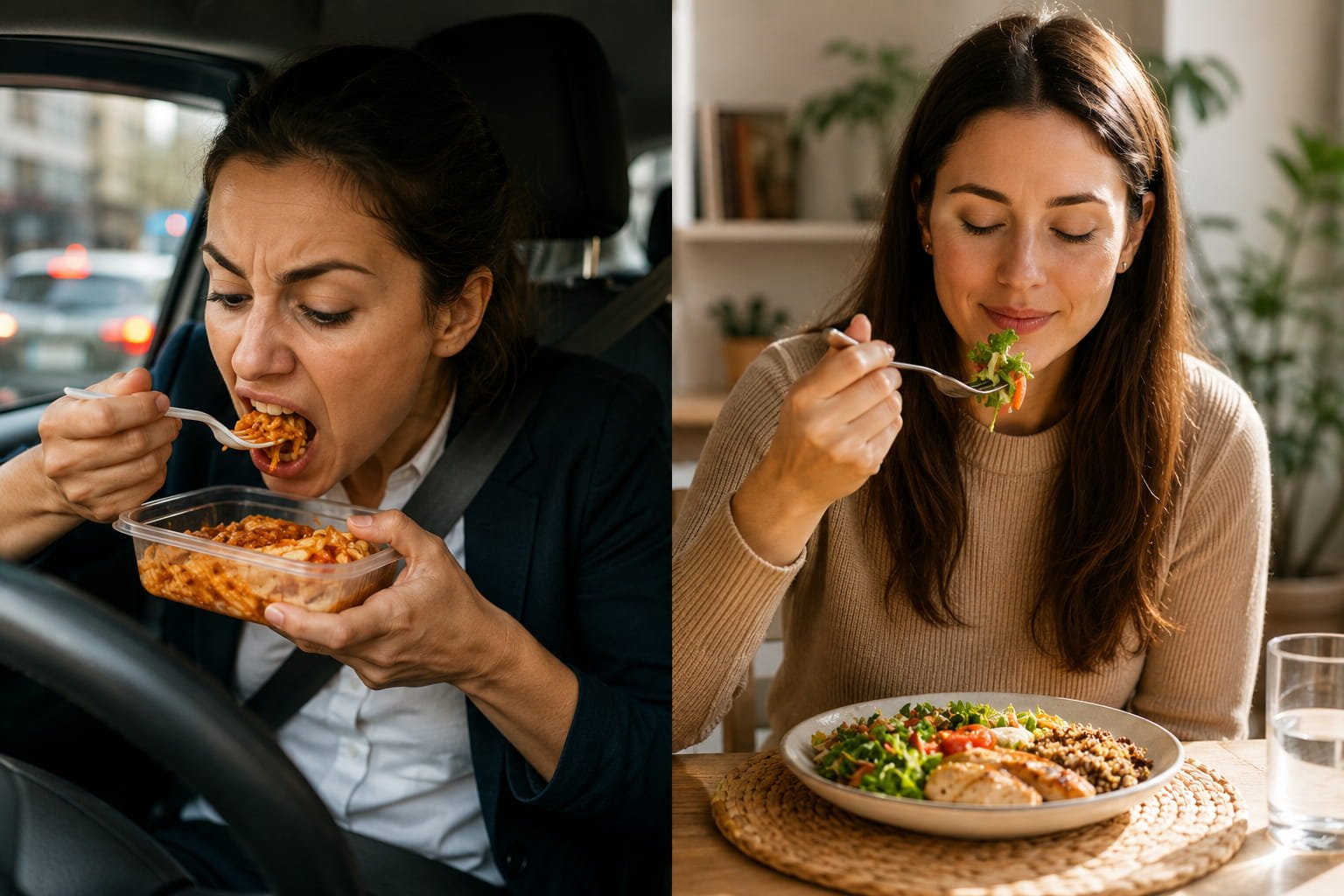 Porque sentimos fome tão depressa? O cérebro explica Comparação entre uma refeição comida rapidamente no carro e uma refeição calma à mesa mostrando como comer depressa altera o apetite e a saciedade