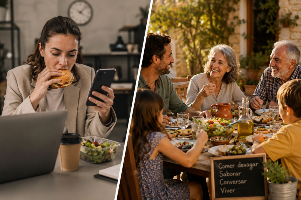 Além do prato: o segredo da Dieta Mediterrânica Comparação entre refeições rápidas e o estilo de vida da Dieta Mediterrânica com refeições lentas e convívio familiar.