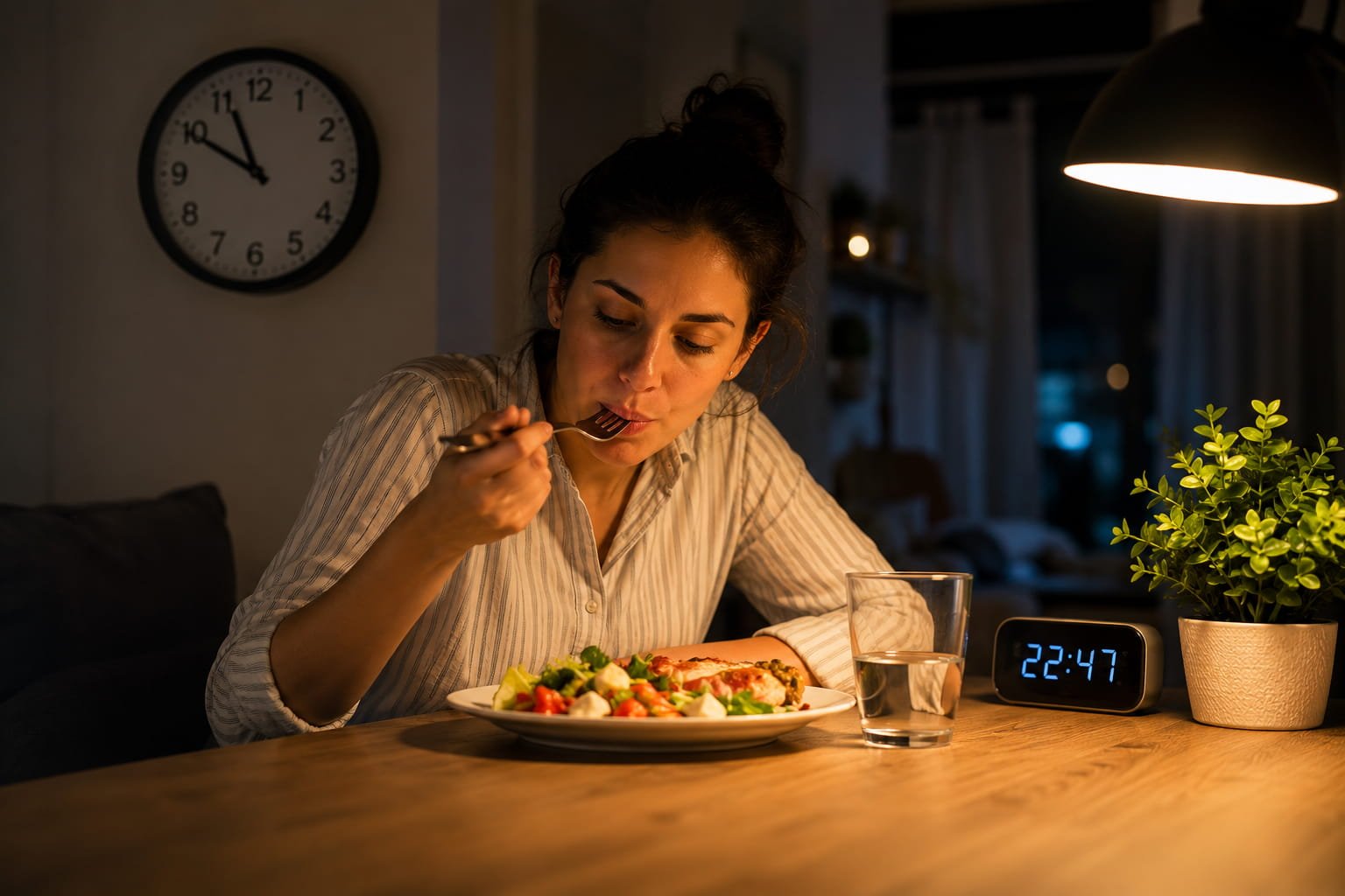 Relógio biológico e coração: o risco invisível Mulher a jantar tarde da noite numa cozinha iluminada artificialmente, ilustrando como comer tarde pode influenciar o coração e o relógio biológico.