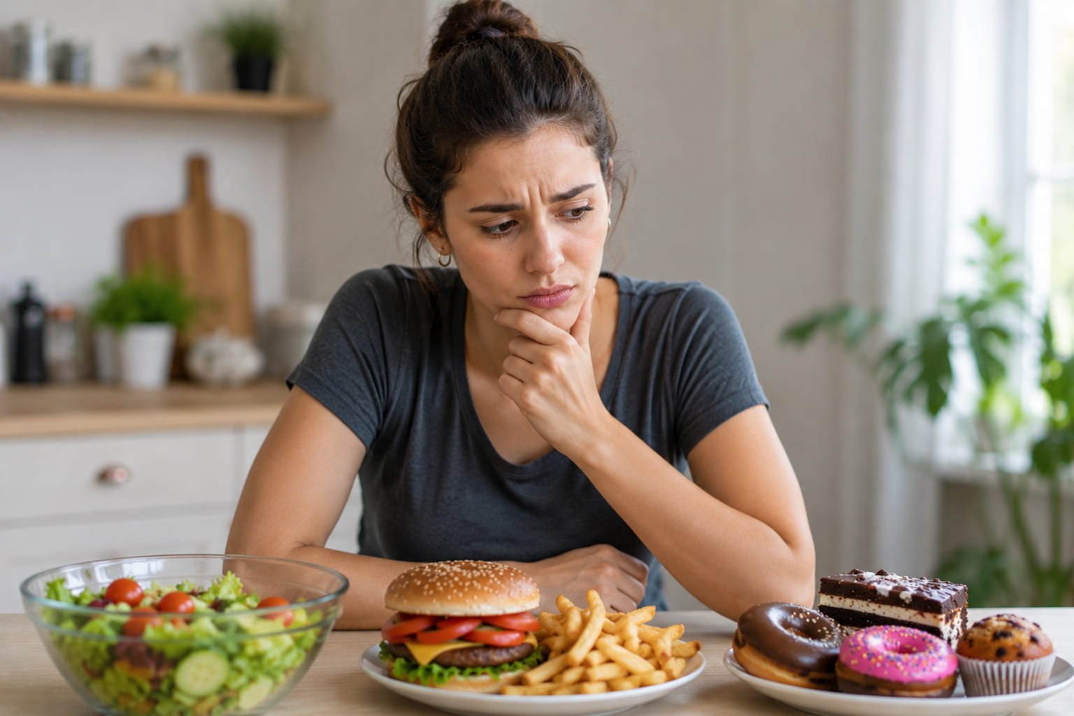 Fome emocional: porque comemos sem ter fome real Mulher pensativa perante alimentos saudáveis e doces, ilustrando sinais de fome emocional e vontade de comer sem fome física