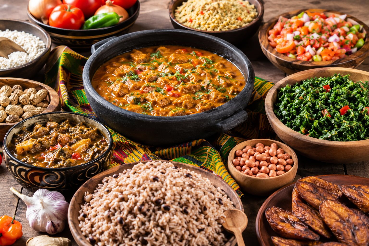 Culinária africana tradicional com alimentos naturais, arroz, legumes, feijão e pratos típicos saudáveis numa mesa rústica iluminada.
