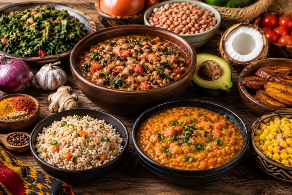 Culinária africana saudável com pratos ricos em vegetais, lentilhas, feijão, arroz, banana, abacate e especiarias naturais.