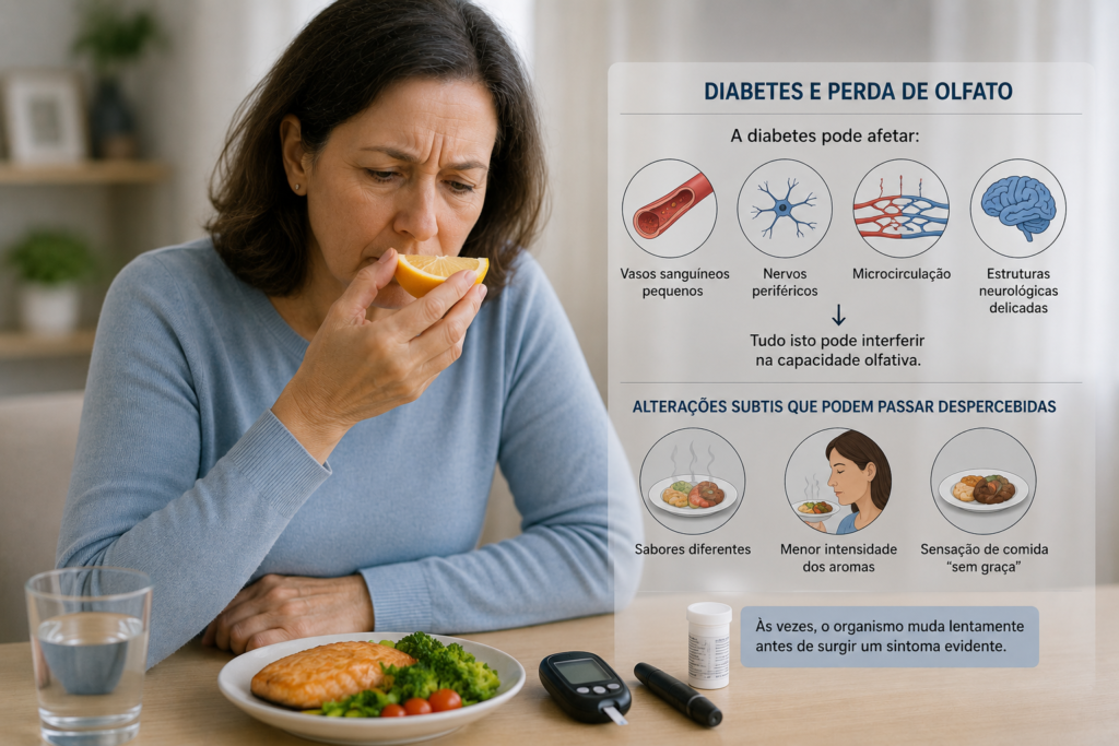 Perda de olfato: o sinal discreto que o coração não mostra Mulher com diabetes e perda de olfato a tentar sentir o aroma de uma laranja durante uma refeição saudável