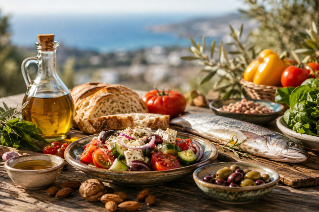 Mesa com alimentos da Dieta Mediterrânica, incluindo azeite, peixe, legumes frescos e pão tradicional, associada à saúde e longevidade.