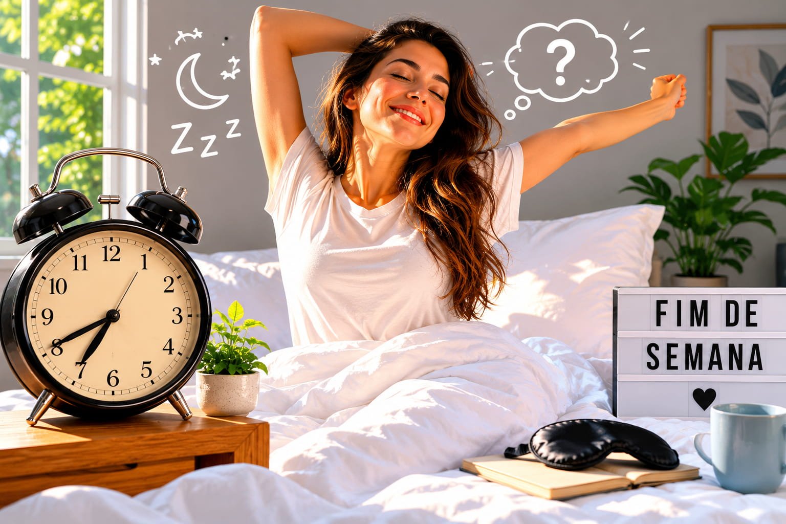 Social jetlag: porque acorda cansado todos os dias Mulher a espreguiçar-se numa cama iluminada pela luz da manhã, simbolizando a recuperação de sono ao fim de semana e a dúvida sobre o impacto do social jetlag