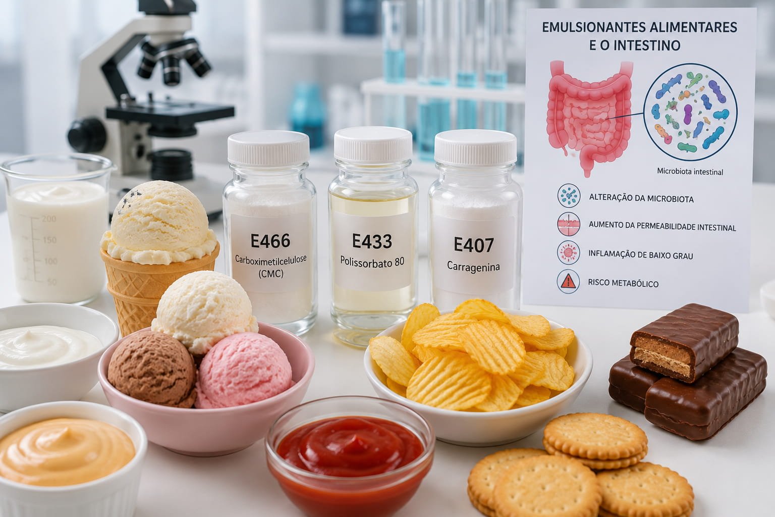 Emulsionantes alimentares investigados pela ciência e o possível impacto no intestino e microbiota intestinal