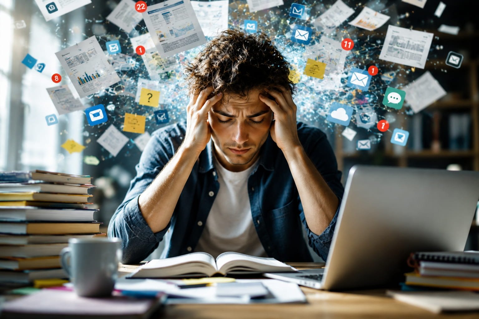 Homem com sinais de carga cognitiva elevada rodeado por excesso de informação digital e notificações constantes enquanto tenta concentrar-se num ambiente de estudo e trabalho.