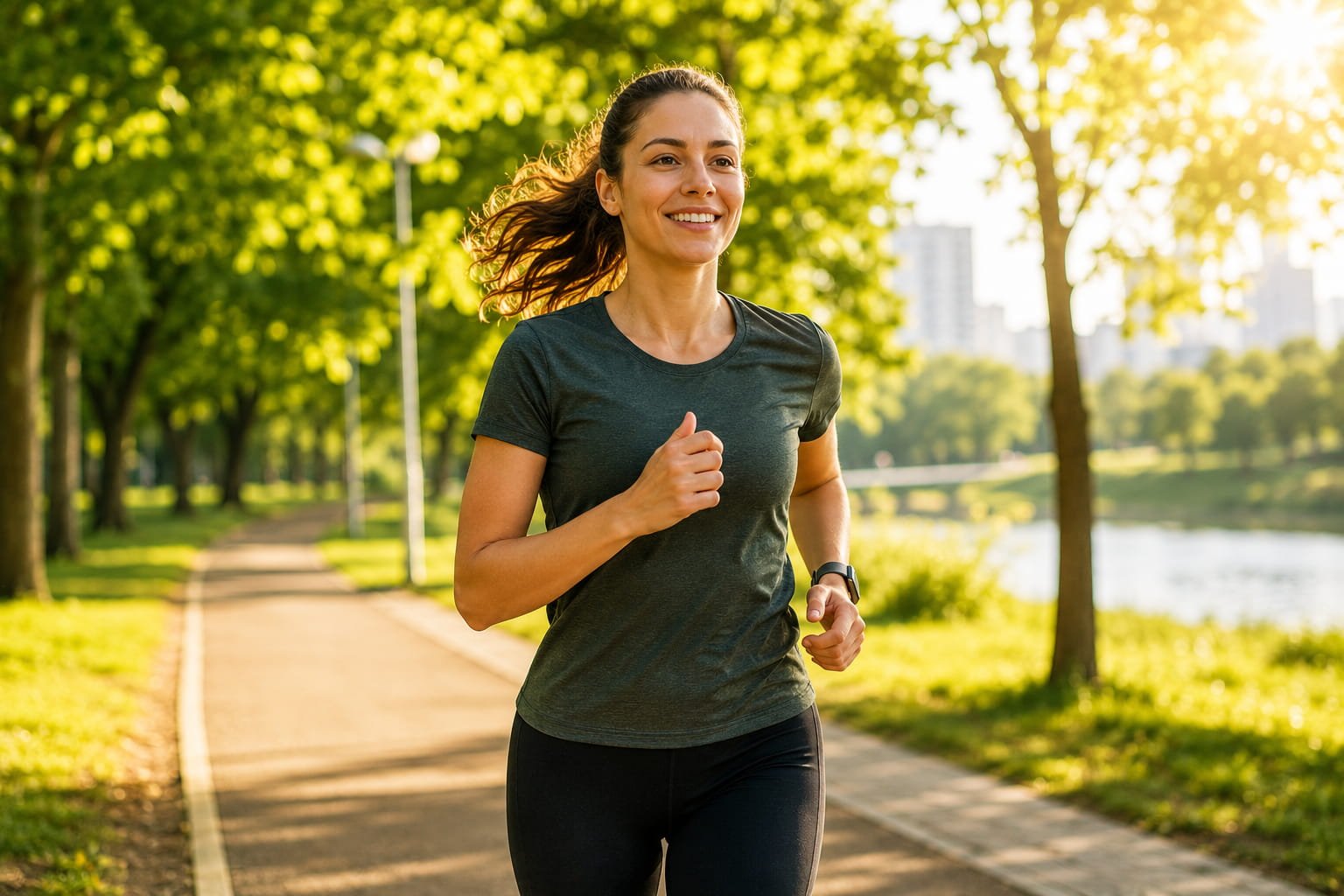 Colesterol alto: o risco silencioso para o coração Mulher a correr num parque ensolarado para ilustrar como o exercício físico ajuda a melhorar colesterol alto e saúde cardiovascular.