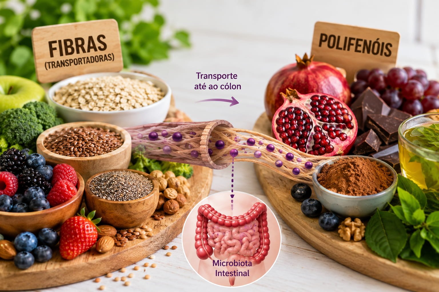 Ilustração 4K mostrando fibras alimentares a transportar polifenóis até à microbiota intestinal através do sistema digestivo. a relação Intestino e polifenóis.