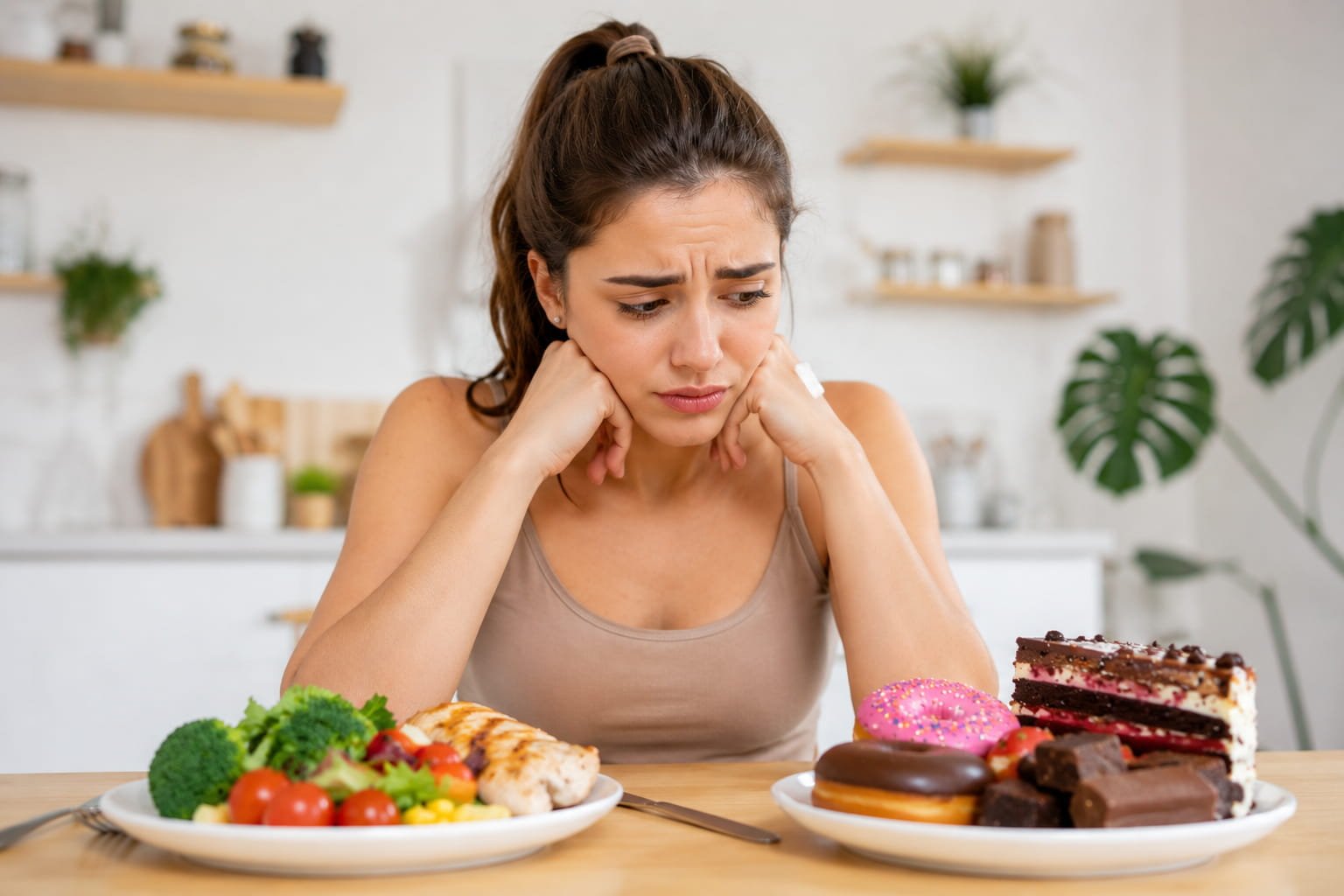 Fome emocional: porque comemos sem ter fome real Mulher indecisa entre comida saudável e doces, ilustrando a diferença entre fome emocional e fome física