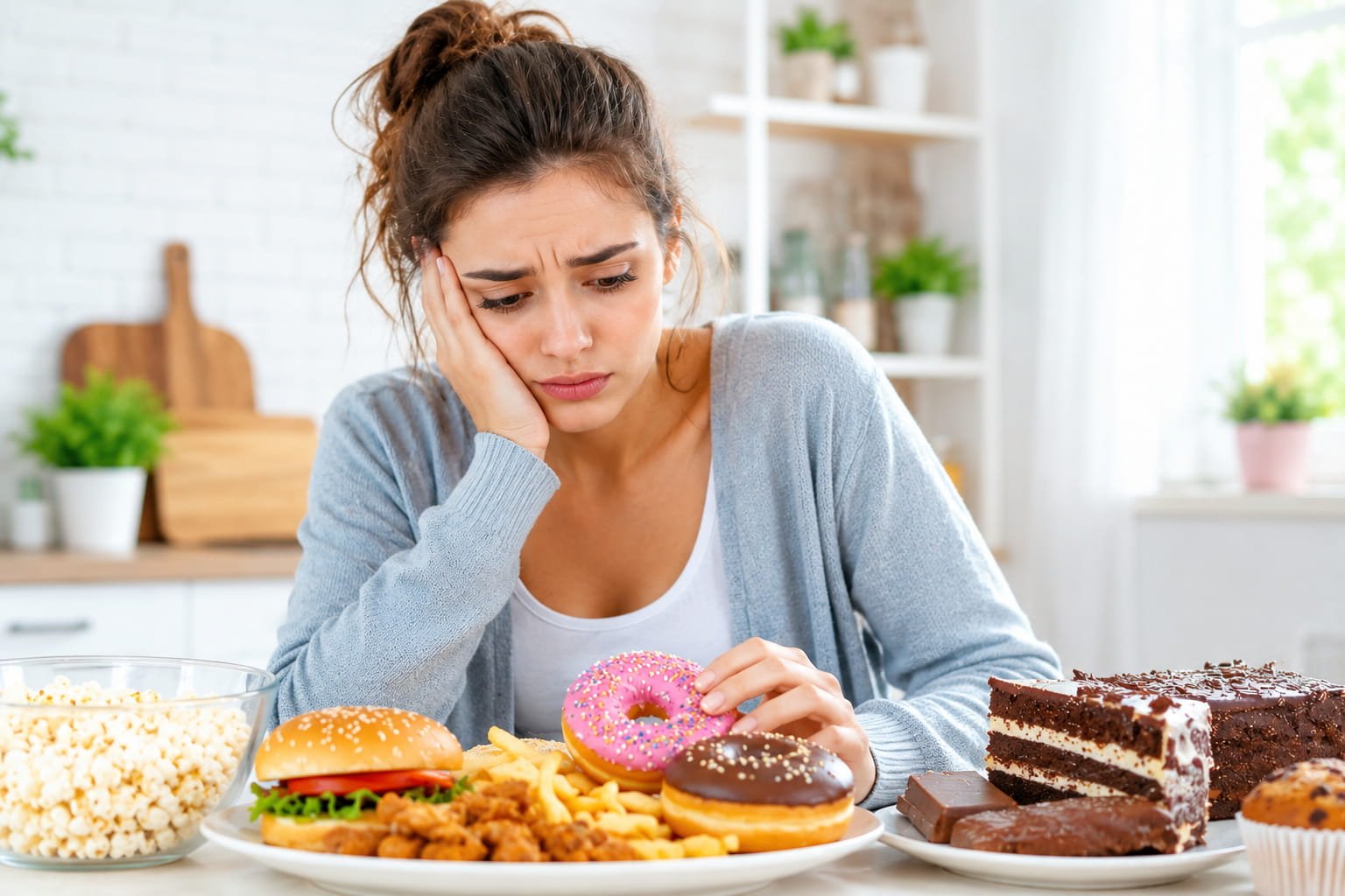 Fome emocional: porque comemos sem ter fome real Mulher sentada numa cozinha luminosa perante alimentos calóricos, representando a fome emocional e a relação entre stress e alimentação