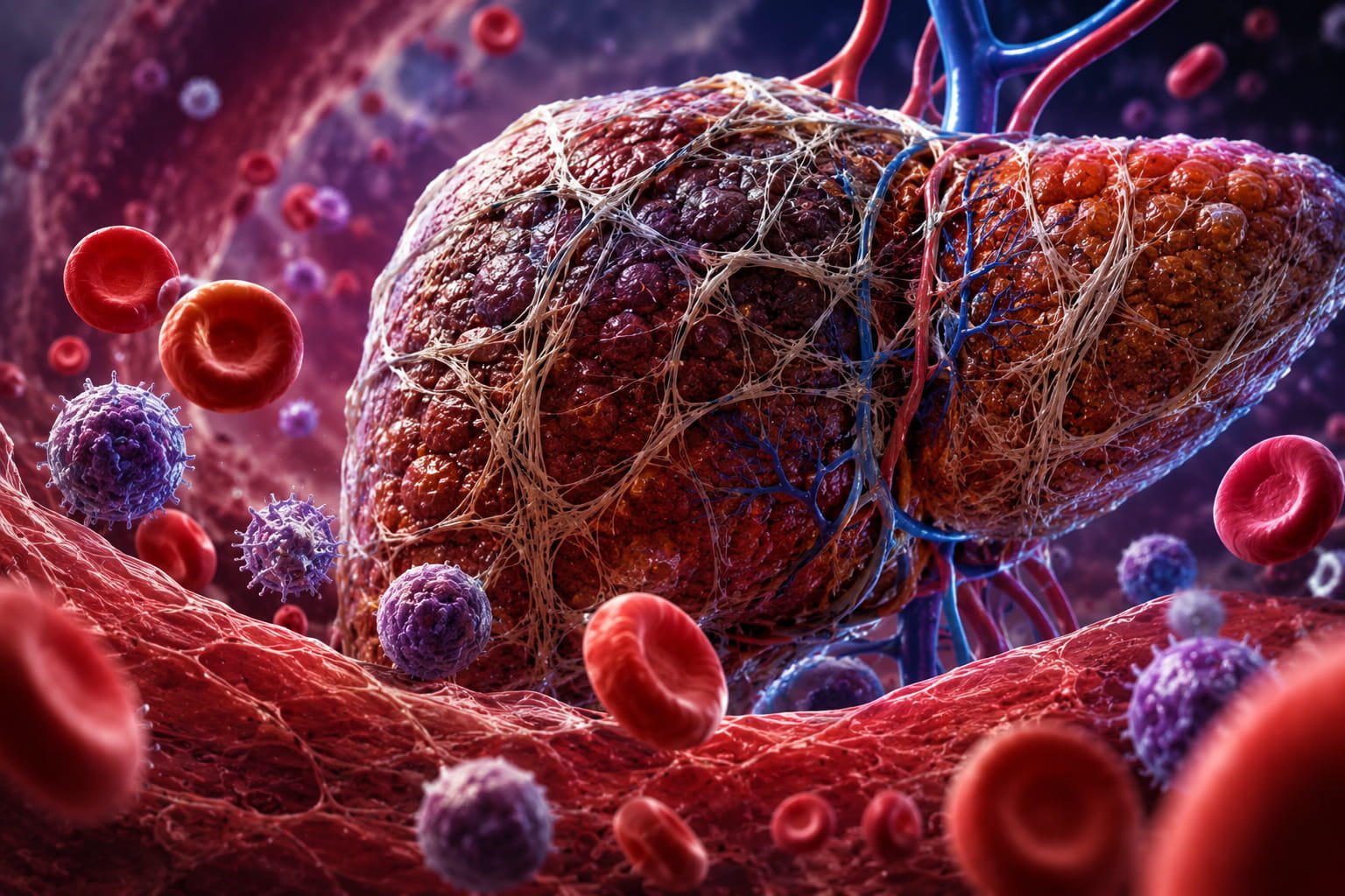 Ilustração médica 3D representando ghrelina e fibrose hepática com tecido fibrótico e células sanguíneas