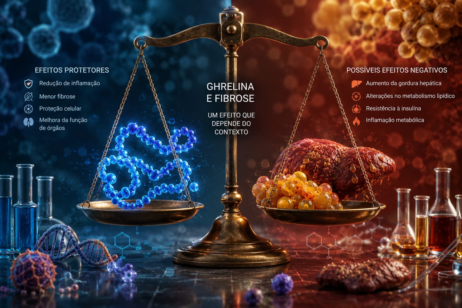 Ilustração científica sobre ghrelina e fibrose mostrando efeitos protetores e alterações metabólicas associadas à hormona ghrelina