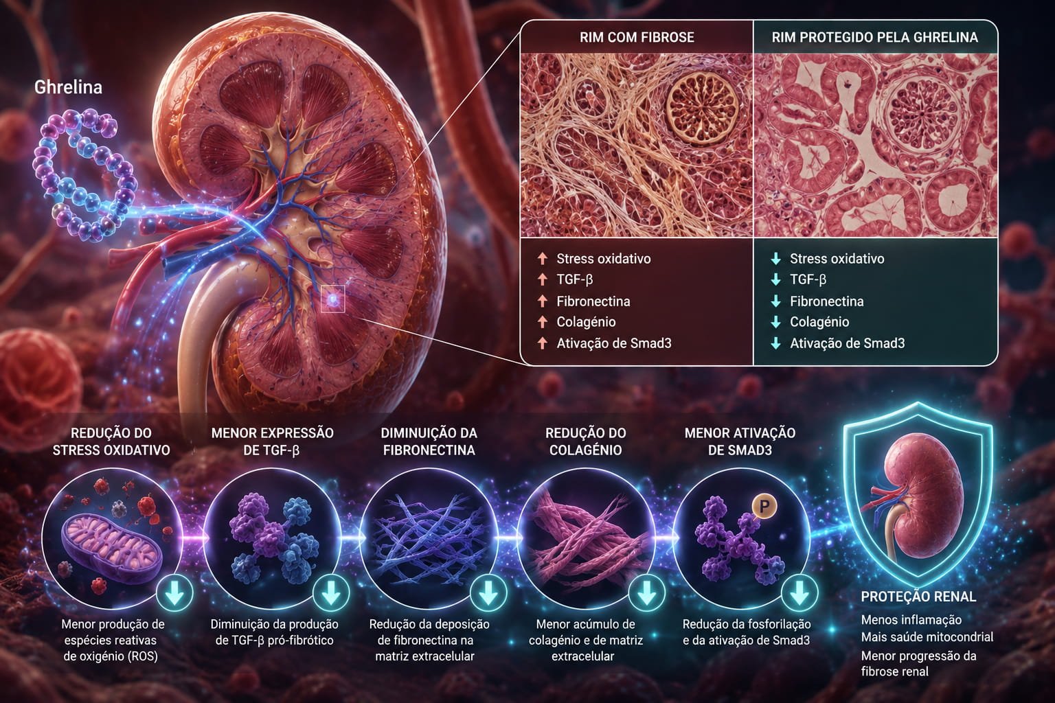 Ilustração médica sobre ghrelina e fibrose renal mostrando mecanismos inflamatórios e proteção dos rins contra fibrose crónica