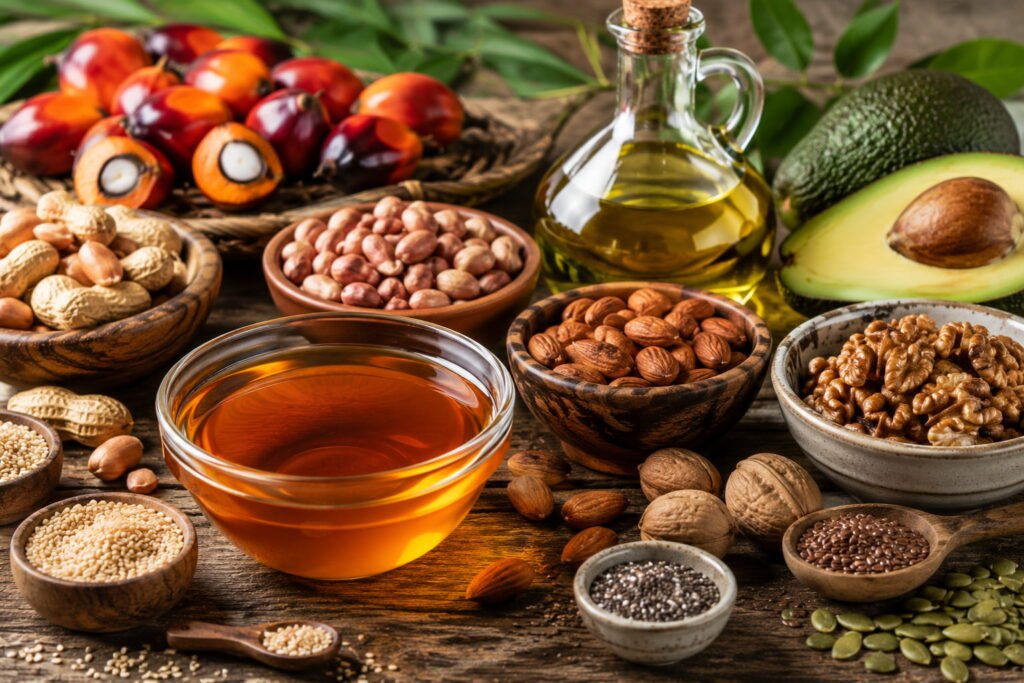 Gorduras vegetais na culinária africana com azeite de dendê, sementes, amendoim, castanhas e abacate numa mesa rústica saudável.