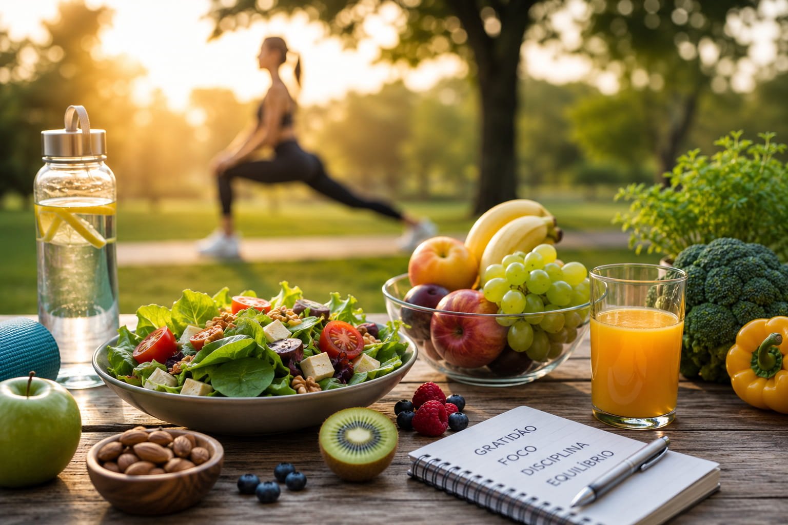 Stress oxidativo: o desgaste silencioso do corpo Mesa com alimentos saudáveis e mulher a praticar exercício representando hábitos que ajudam a reduzir o stress oxidativo