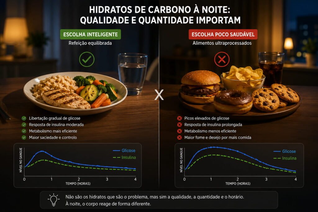 Comer à noite: o que acontece ao cérebro e metabolismo Comparação entre refeição equilibrada e ultraprocessados mostrando o impacto dos hidratos de carbono à noite no metabolismo