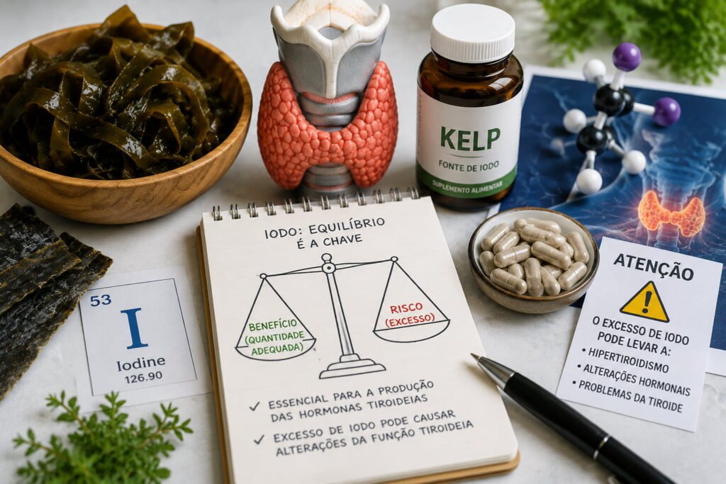 Algas Castanhas e Tiroide: O Risco Oculto do Iodo Exemplo da relação entre algas castanhas e tiroide com suplementos de iodo e modelo anatómico da tiroide