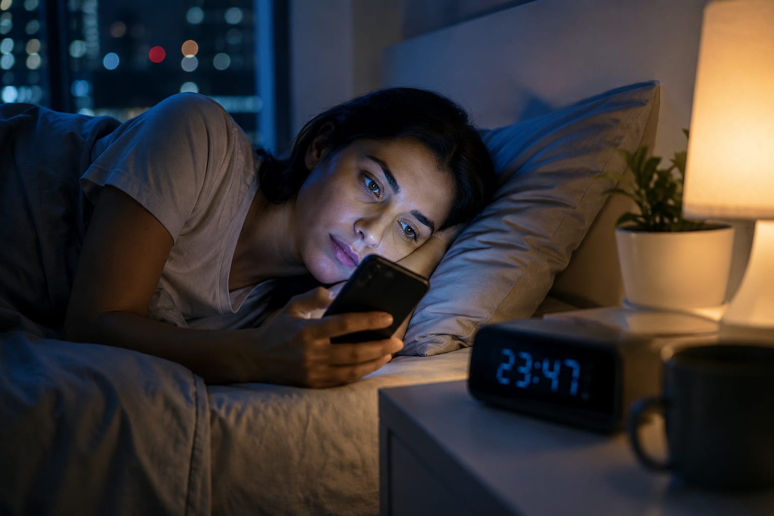 Relógio biológico e coração: o risco invisível Mulher deitada na cama a utilizar telemóvel durante a noite sob luz azul, ilustrando o impacto da luz artificial no relógio biológico.