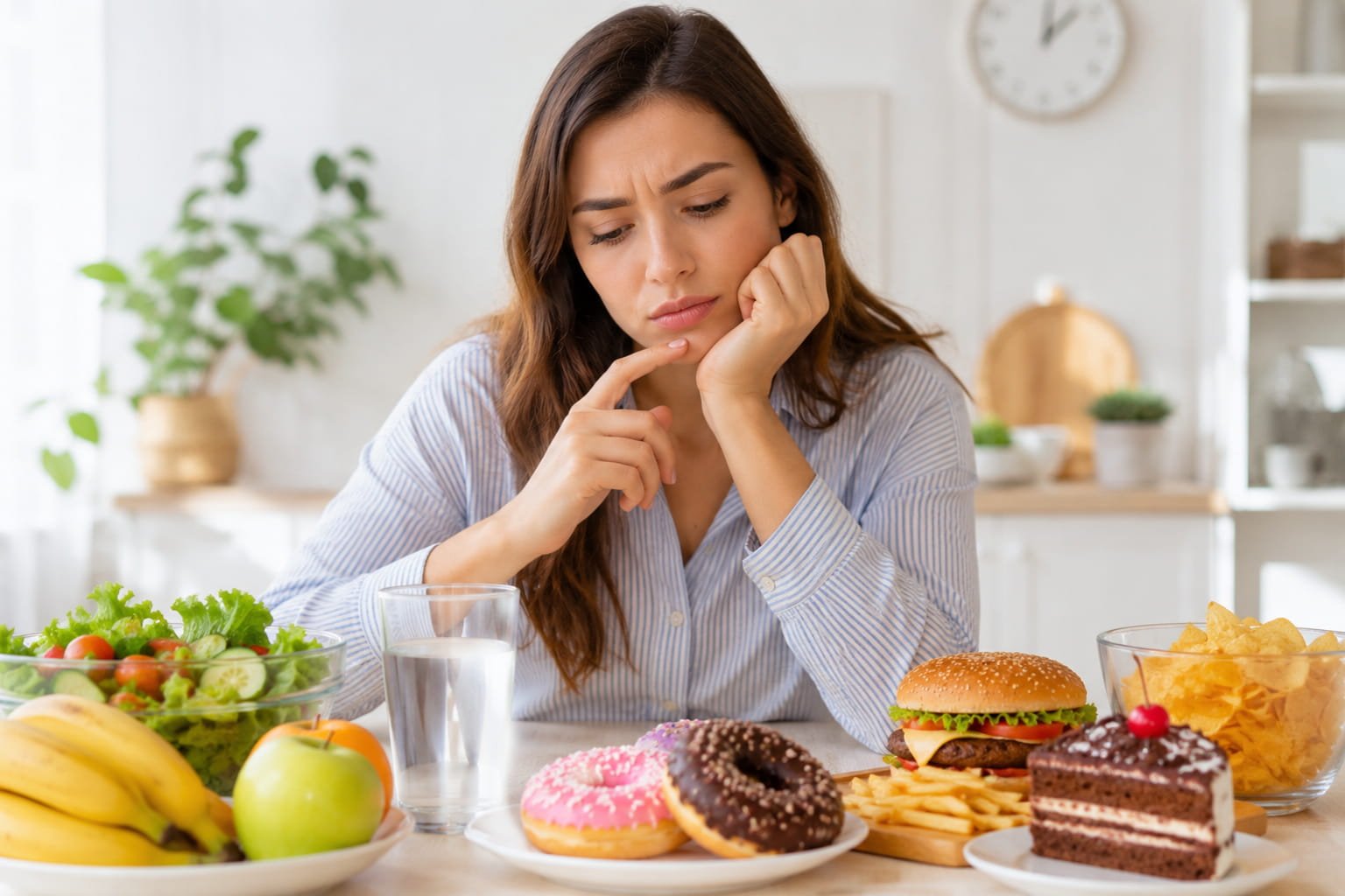 Beber pouca água aumenta a fome? o que diz a ciência. Mulher indecisa entre alimentos saudáveis e ultraprocessados ilustrando porque algumas pessoas sentem mais vontade de comer ao longo do dia