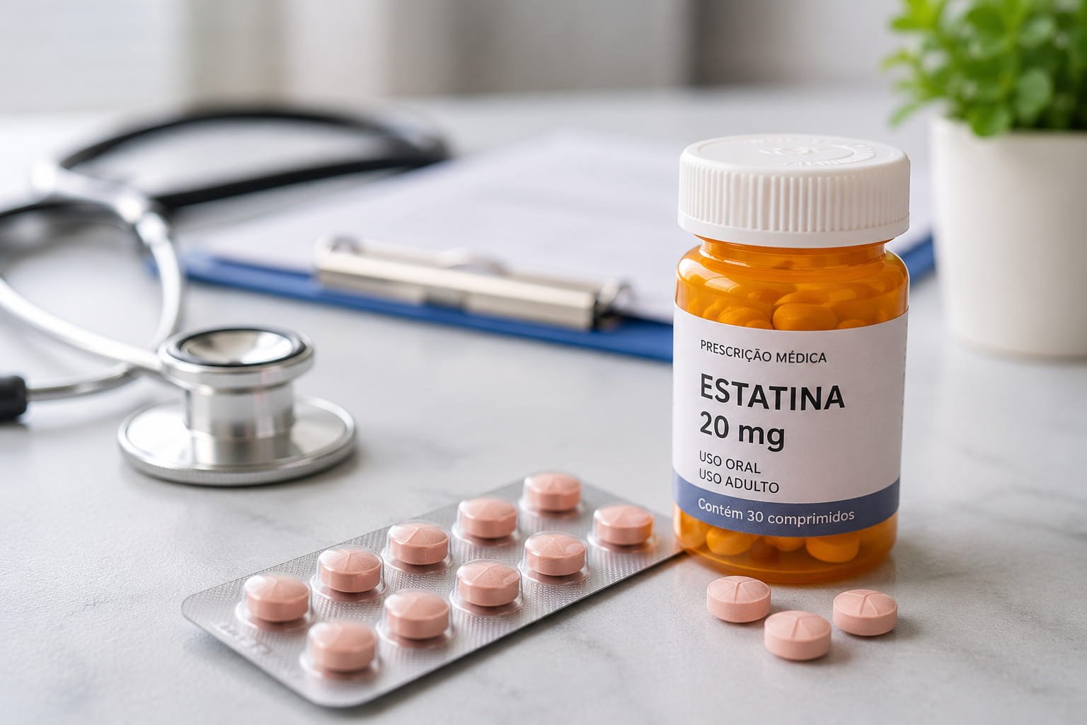 Colesterol alto: o risco silencioso para o coração Frasco de estatina e comprimidos utilizados no tratamento do colesterol alto sobre uma mesa clínica com estetoscópio ao fundo.