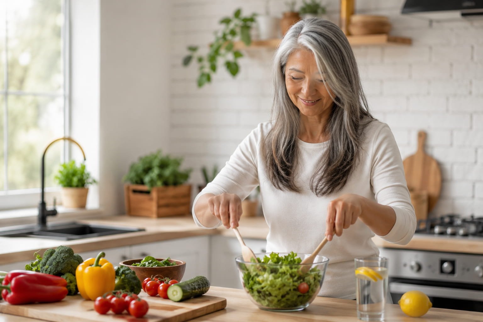 Envelhecimento saudável: o que revela a nova ciência Mulher a preparar alimentos saudáveis numa cozinha luminosa associada ao metabolismo e envelhecimento saudável