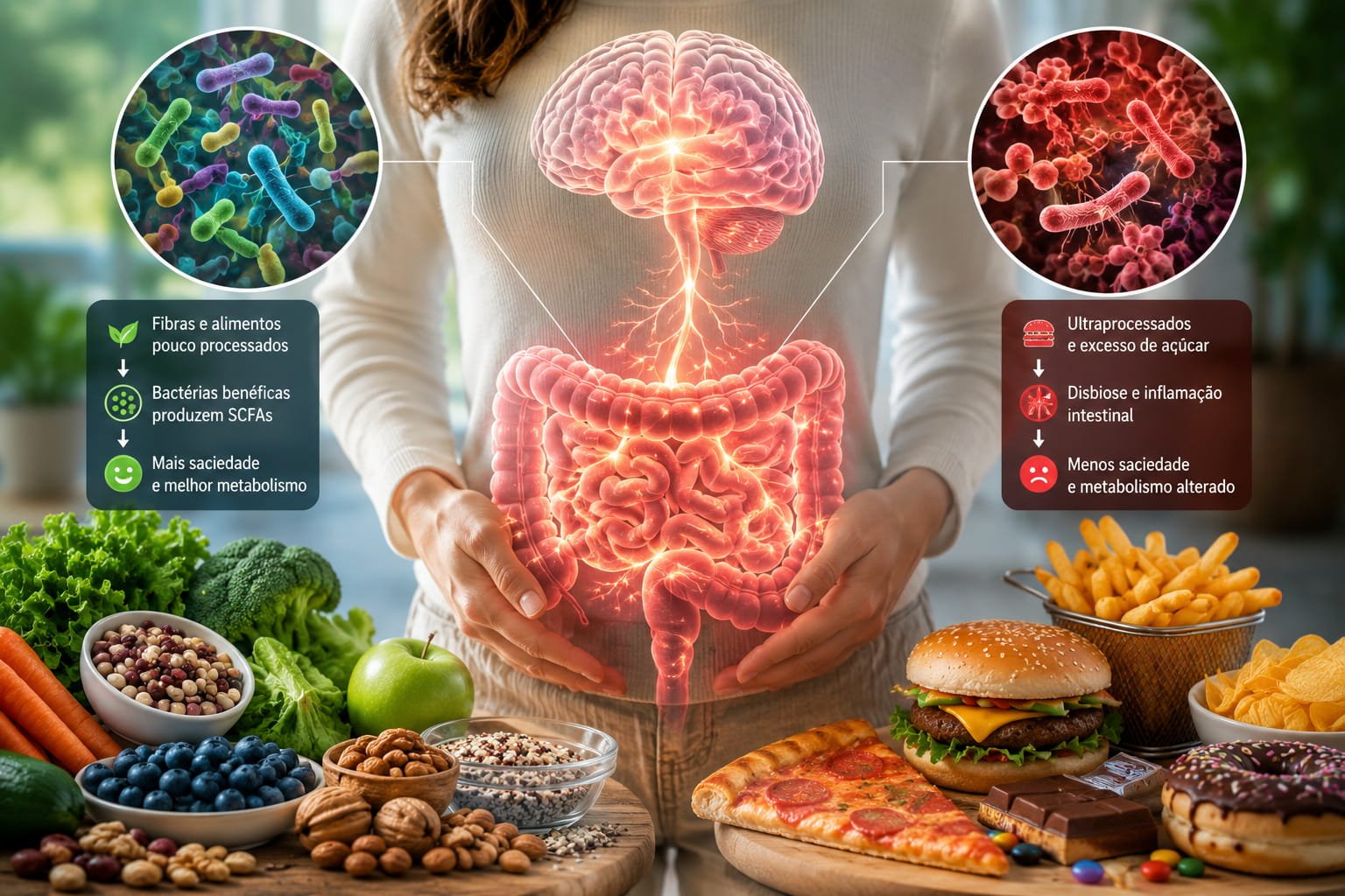 Porque sentimos fome tão depressa? O cérebro explica Imagem conceptual do intestino ligado ao cérebro com alimentos ricos em fibras representando como a microbiota intestinal influencia a fome e a saciedade