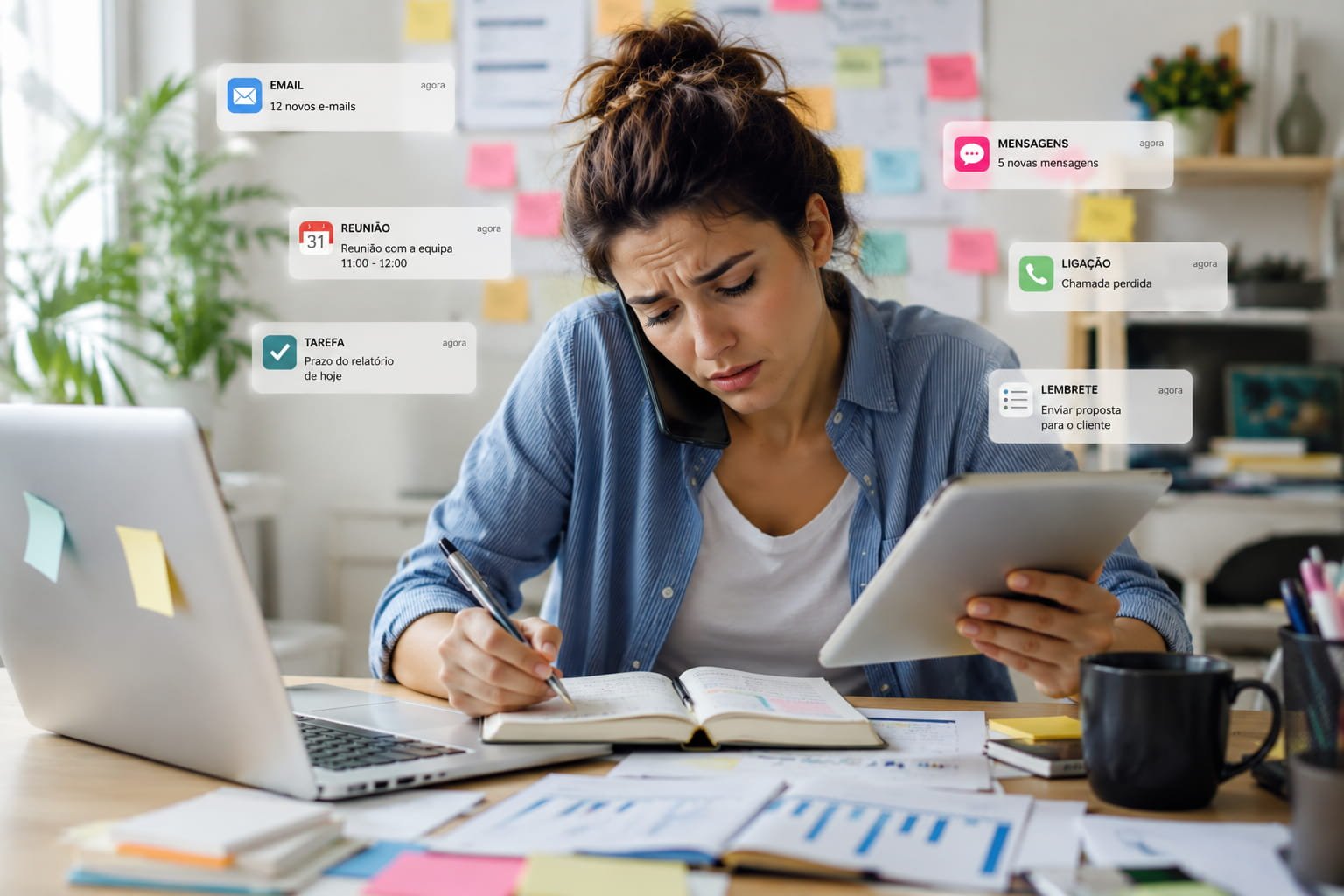 Mulher em multitasking rodeada por notificações, tarefas e dispositivos digitais enquanto tenta trabalhar, ilustrando aumento da carga cognitiva e fadiga mental.