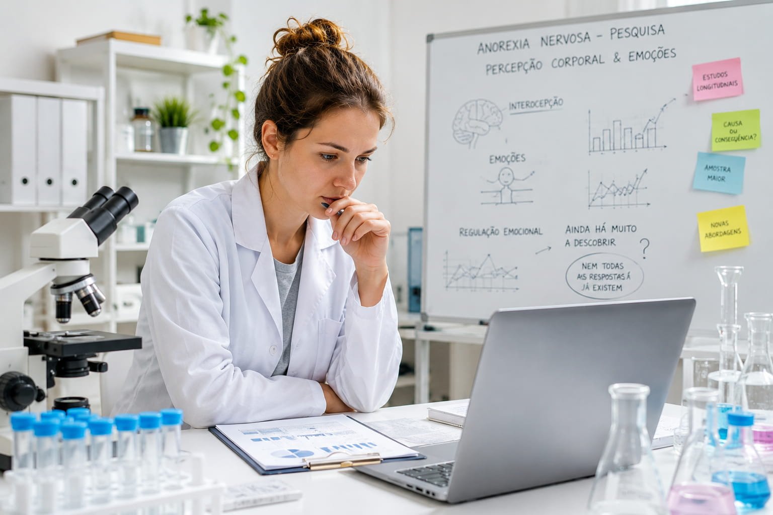 Investigadora em laboratório luminoso analisando estudos científicos sobre anorexia, emoções e percepção corporal