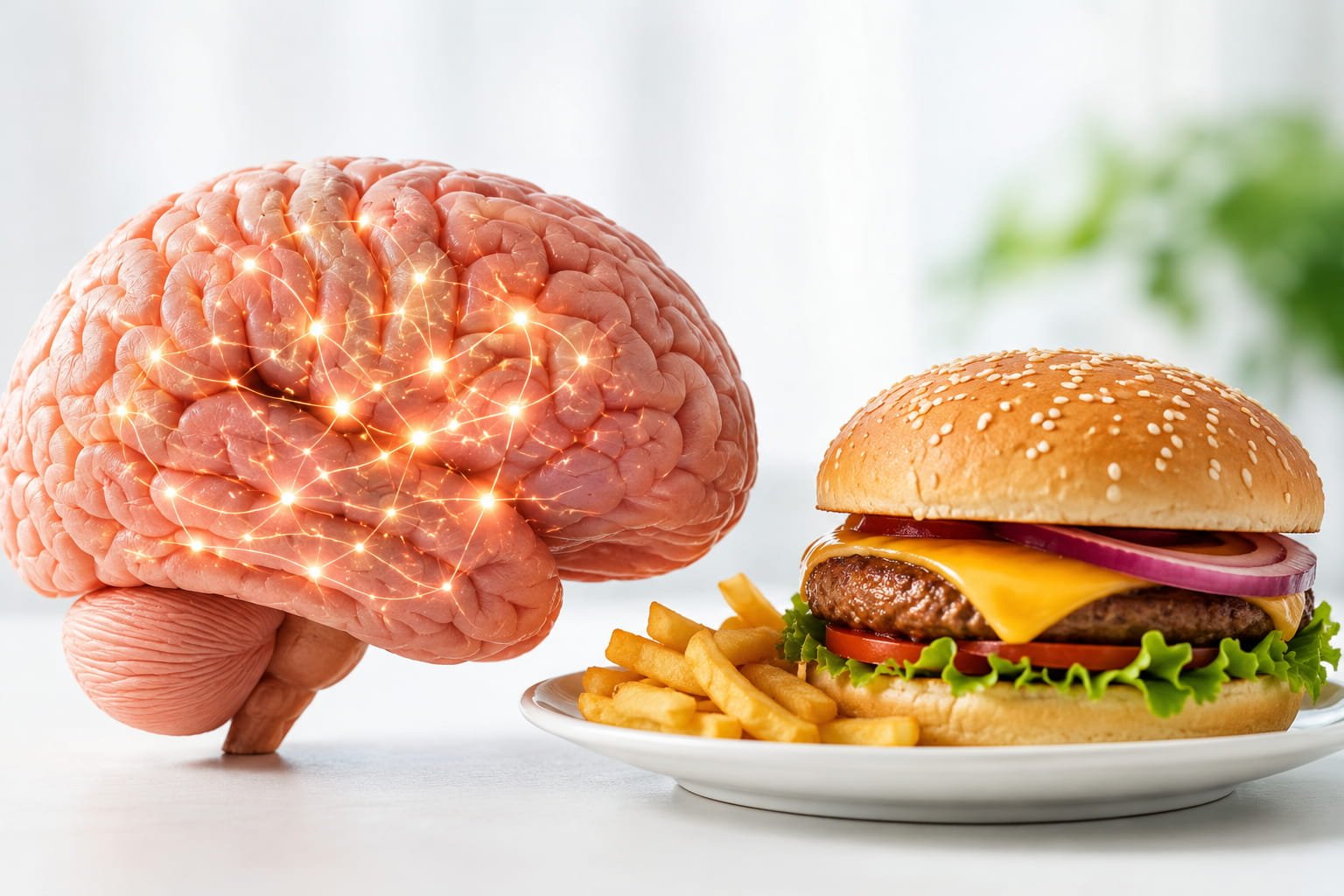 O cérebro e a vontade constante de comer O cérebro e a vontade constante de comer representados por cérebro humano ao lado de hambúrguer e batatas fritas