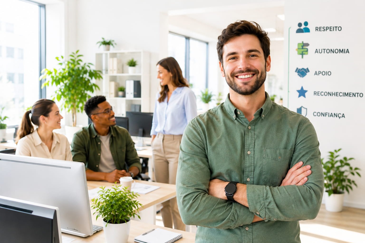 Bem-estar no trabalho: sinais que não deve ignorar Ambiente profissional positivo associado ao bem-estar no trabalho com equipa motivada e colaborativa