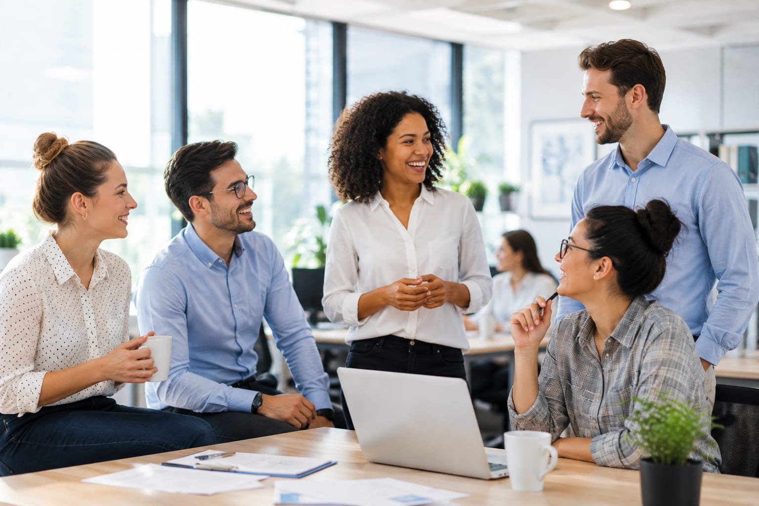 Bem-estar no trabalho: sinais que não deve ignorar Colegas de trabalho a conversar num ambiente positivo associado ao bem-estar no trabalho e relações profissionais saudáveis