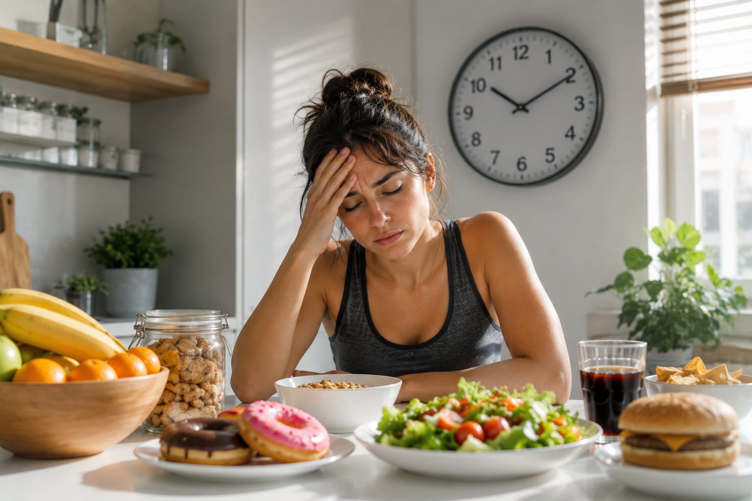 Social jetlag: porque acorda cansado todos os dias Mulher cansada sentada à mesa com alimentos saudáveis e ultraprocessados, ilustrando a relação entre social jetlag, fadiga e alterações metabólicas