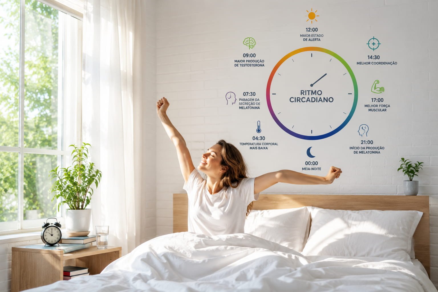 Social jetlag: porque acorda cansado todos os dias Mulher a despertar numa cama iluminada pela luz da manhã, simbolizando a influência do relógio biológico na energia, metabolismo e bem-estar diário