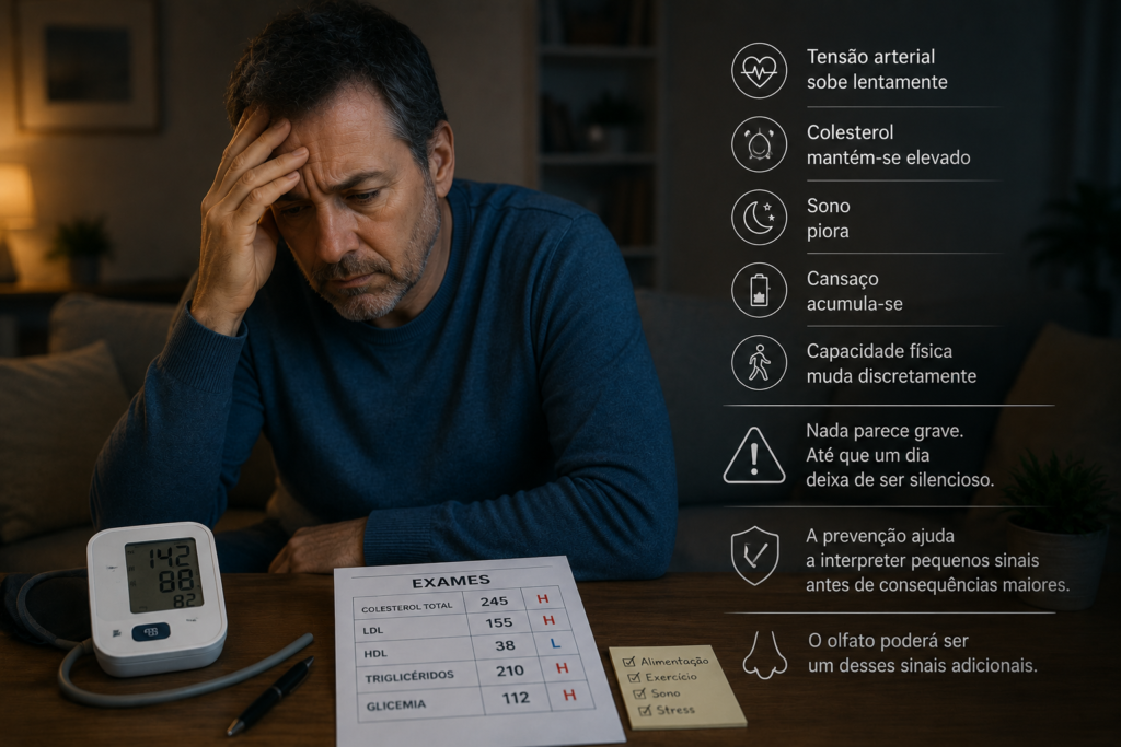 Perda de olfato: o sinal discreto que o coração não mostra Homem com sinais silenciosos de risco cardiovascular e perda de olfato a analisar exames de saúde em casa
