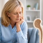 Osteoporose: hábitos que enfraquecem os ossos sem aviso Mulher madura junto à janela com modelo anatómico de osso representando osteoporose e perda de densidade óssea