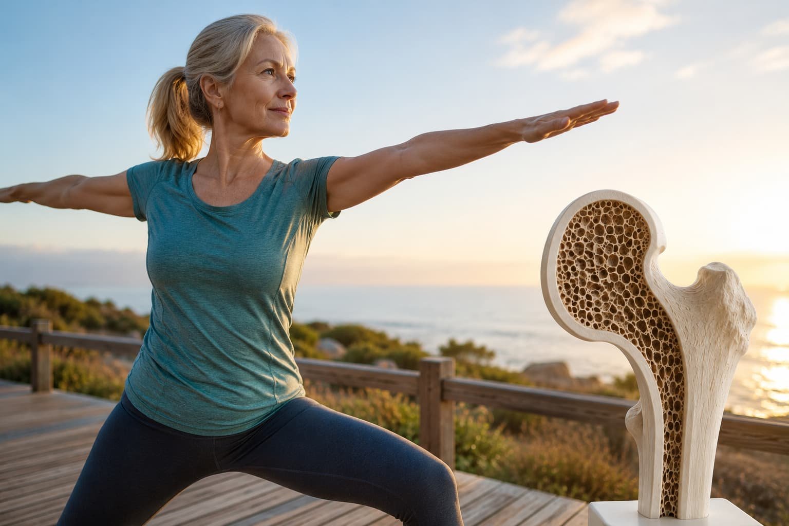 Mulher na menopausa a praticar exercício ao ar livre representando saúde óssea e prevenção da osteoporose