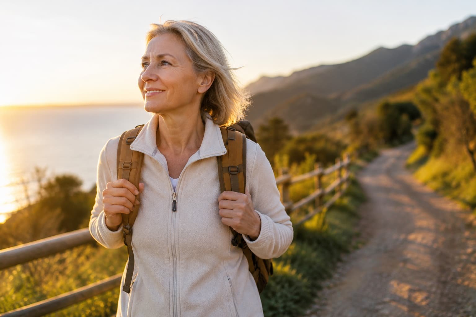 Mulher madura a caminhar num trilho junto ao mar ao pôr do sol representando prevenção da osteoporose e envelhecimento saudável