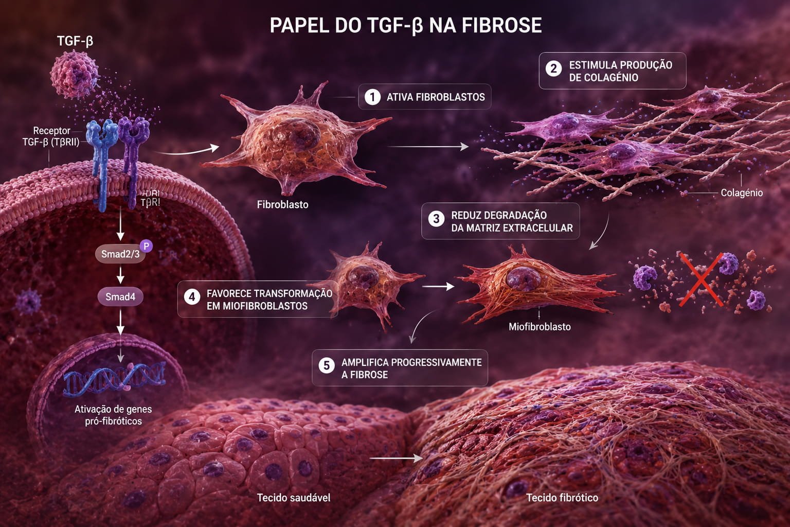 Infografia médica sobre o papel do TGF-β na fibrose e ativação de fibroblastos nos tecidos humanos