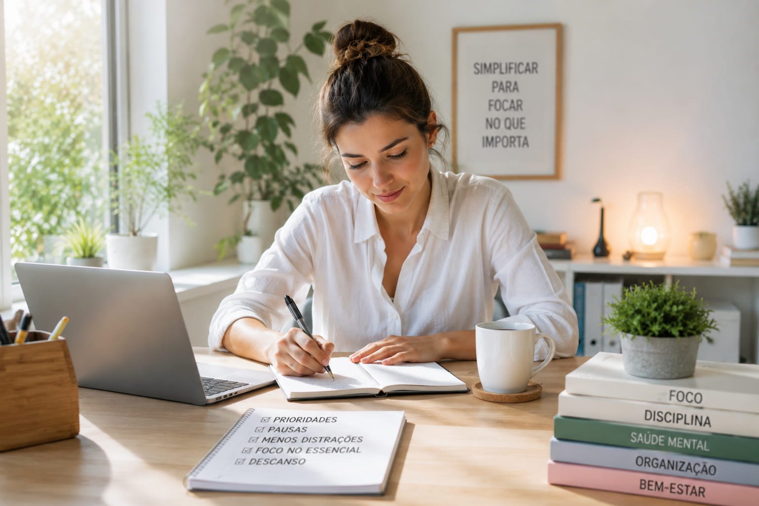 Mulher organizada num ambiente calmo e minimalista a aplicar hábitos simples para reduzir a carga cognitiva e melhorar o foco mental.
