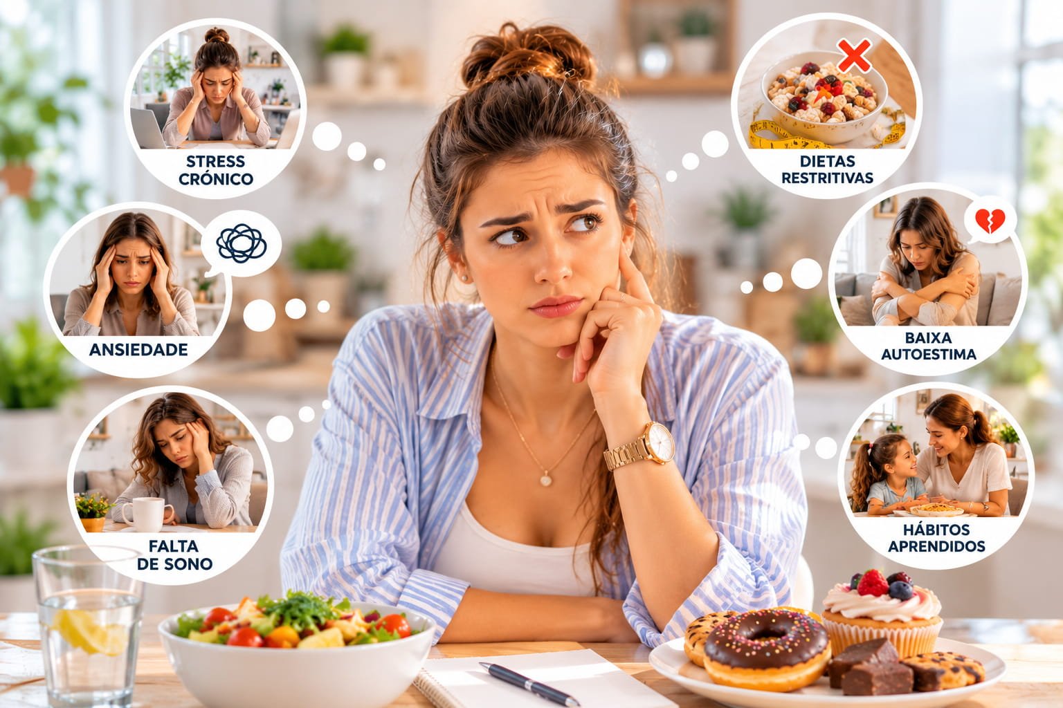 Fome emocional: porque comemos sem ter fome real Mulher pensativa entre alimentos saudáveis e doces, ilustrando fatores associados à fome emocional como ansiedade, stress e cansaço