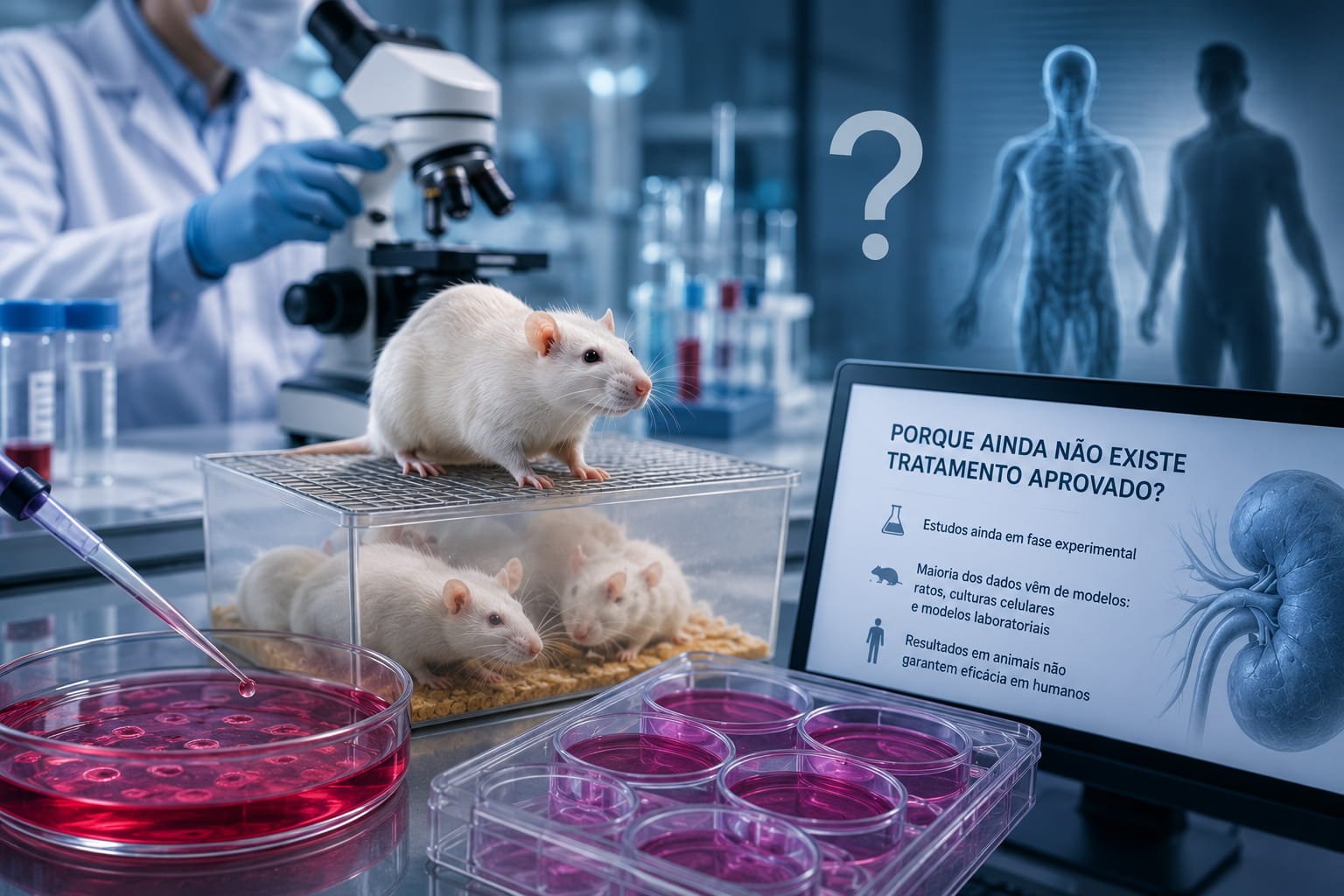 Laboratório científico com estudos experimentais sobre ghrelina e fibrose em modelos animais e culturas celulares