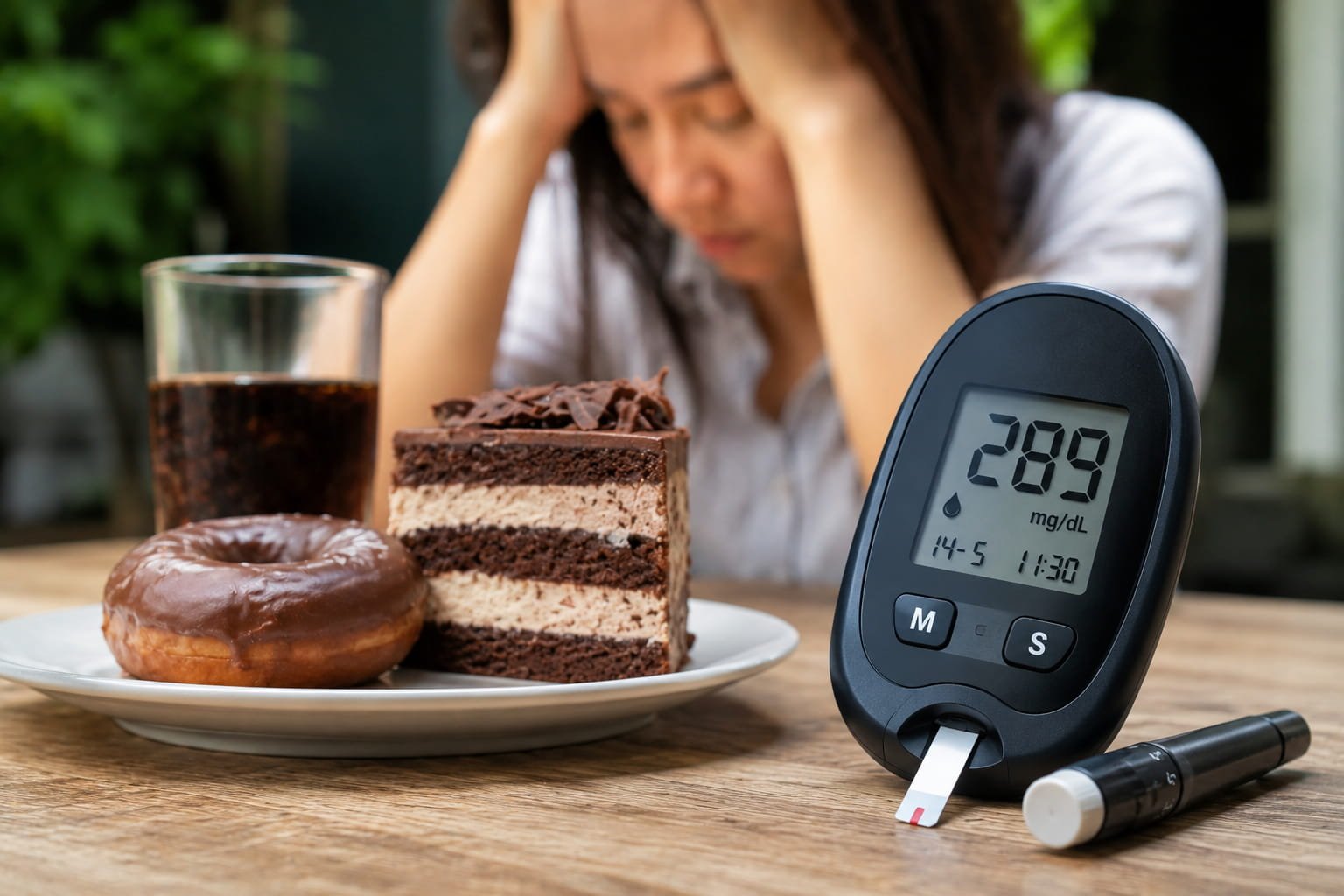 Medidor de glicose elevado ilustrando impacto da variabilidade glicémica após consumo de açúcar