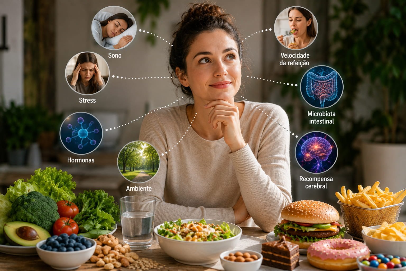 Porque sentimos fome tão depressa? O cérebro explica Mulher refletindo sobre alimentação entre comida saudável e ultraprocessada ilustrando porque sentimos fome tão depressa e como o cérebro influencia o apetite